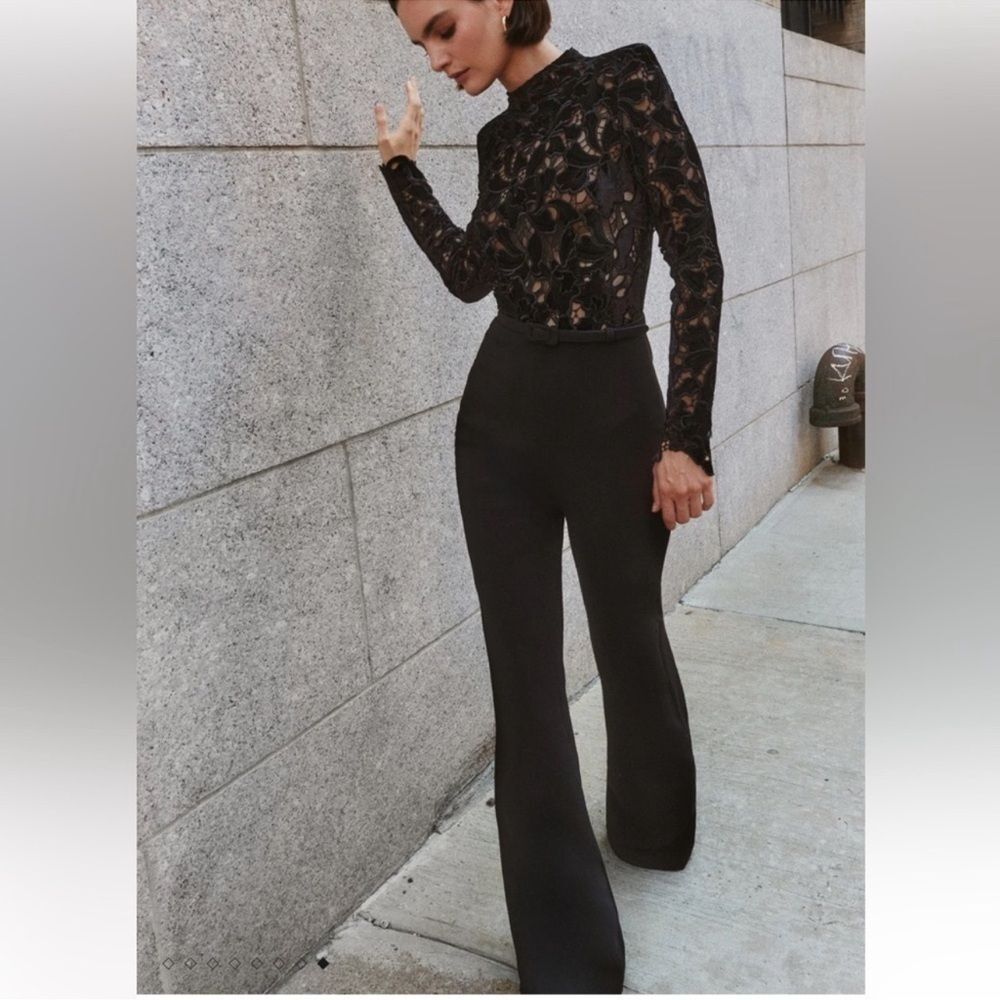 NWT Nadine Merabi Eleanor Wide Leg Jumpsuit Black Velvet Long Sleeve Size 12